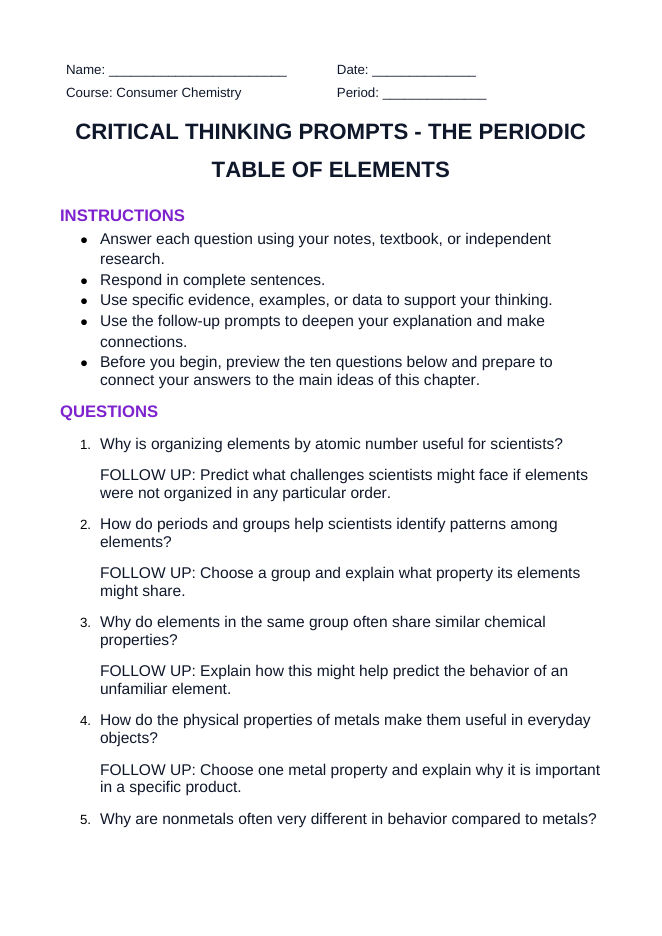 The Periodic Table of Elements Critical Thinking Prompts sample page