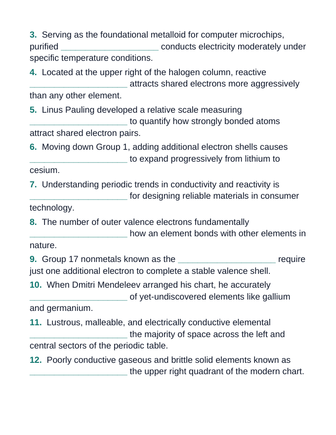 The Periodic Table of Elements Fill-in-the-Blank Vocabulary Worksheet sample page