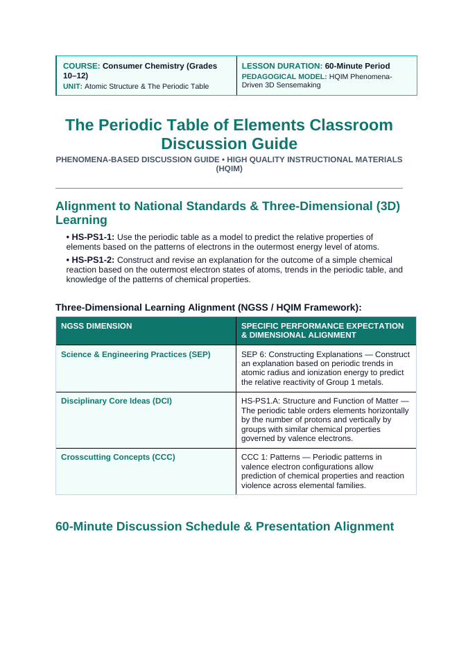 The Periodic Table of Elements Phenomena-Based Lesson: Violent Hydrogen Gas Detonation and Purple Flame When Metallic Potassium Contacts Cold Liquid Water Teacher Discussion Guide sample page