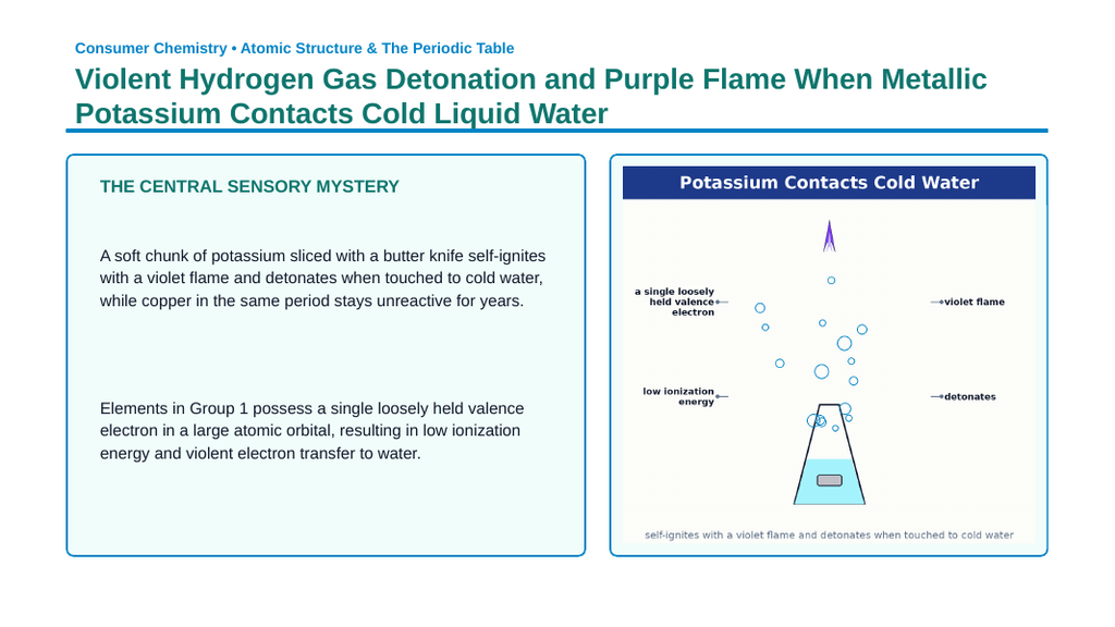 The Periodic Table of Elements Phenomena-Based Lesson: Violent Hydrogen Gas Detonation and Purple Flame When Metallic Potassium Contacts Cold Liquid Water Presentation sample page