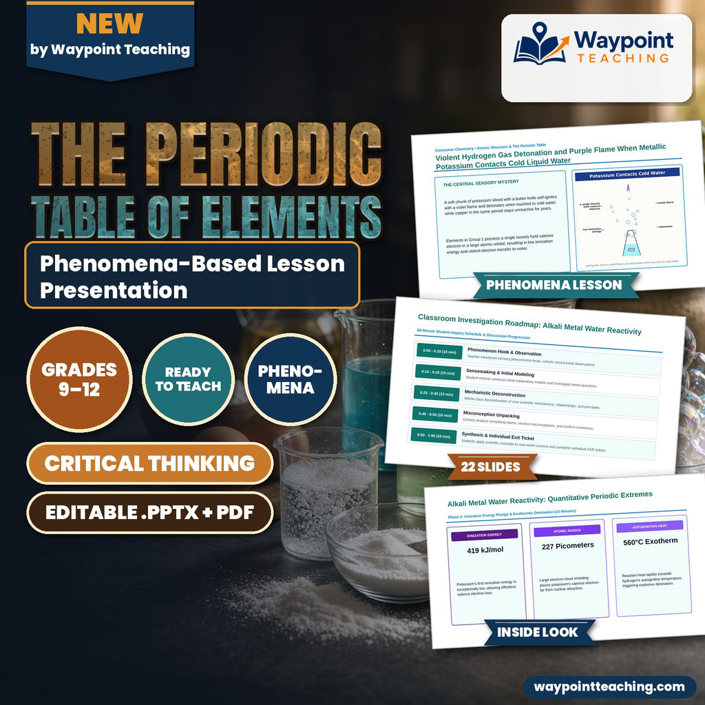 The Periodic Table of Elements Phenomena-Based Lesson: Violent Hydrogen Gas Detonation and Purple Flame When Metallic Potassium Contacts Cold Liquid Water Presentation cover