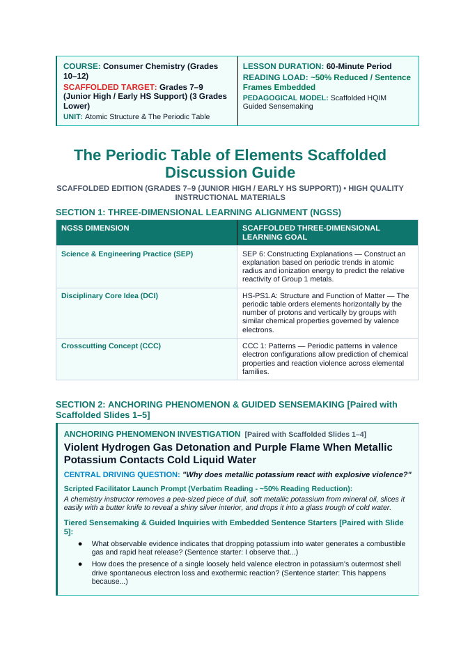 The Periodic Table of Elements Scaffolded Phenomena-Based Lesson: Violent Hydrogen Gas Detonation and Purple Flame When Metallic Potassium Contacts Cold Liquid Water Teacher Discussion Guide sample page