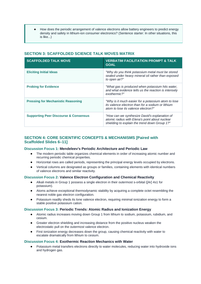 The Periodic Table of Elements Scaffolded Phenomena-Based Lesson: Violent Hydrogen Gas Detonation and Purple Flame When Metallic Potassium Contacts Cold Liquid Water Teacher Discussion Guide sample page