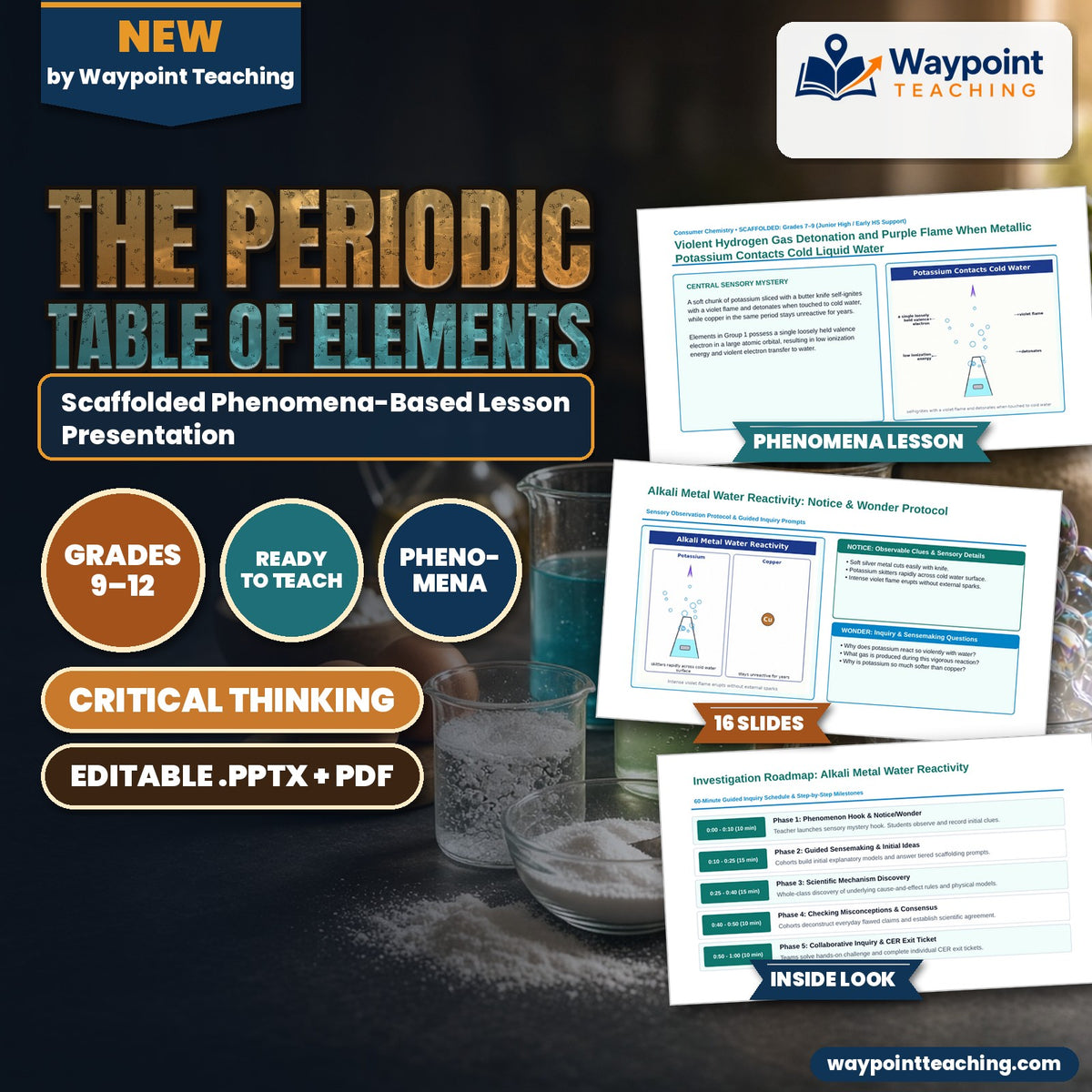 The Periodic Table of Elements Scaffolded Phenomena-Based Lesson: Violent Hydrogen Gas Detonation and Purple Flame When Metallic Potassium Contacts Cold Liquid Water Presentation cover