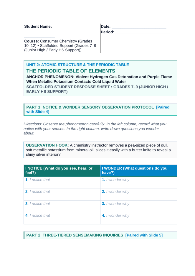 The Periodic Table of Elements Scaffolded Phenomena-Based Lesson: Violent Hydrogen Gas Detonation and Purple Flame When Metallic Potassium Contacts Cold Liquid Water Student Response Sheet sample page