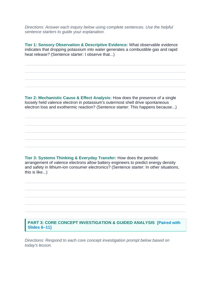 The Periodic Table of Elements Scaffolded Phenomena-Based Lesson: Violent Hydrogen Gas Detonation and Purple Flame When Metallic Potassium Contacts Cold Liquid Water Student Response Sheet sample page