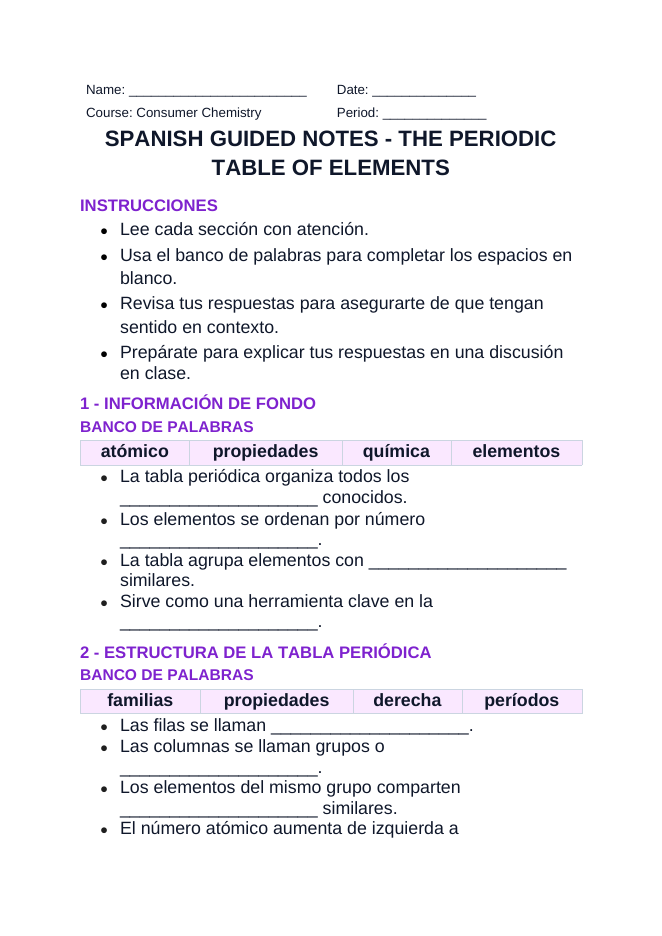The Periodic Table of Elements Spanish Guided Notes sample page