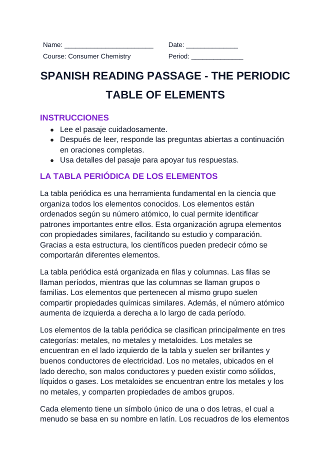 The Periodic Table of Elements Spanish Reading Passage & Comprehension Questions sample page
