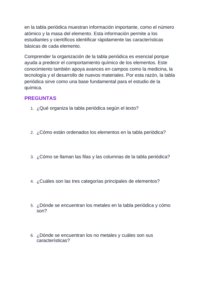 The Periodic Table of Elements Spanish Reading Passage & Comprehension Questions sample page