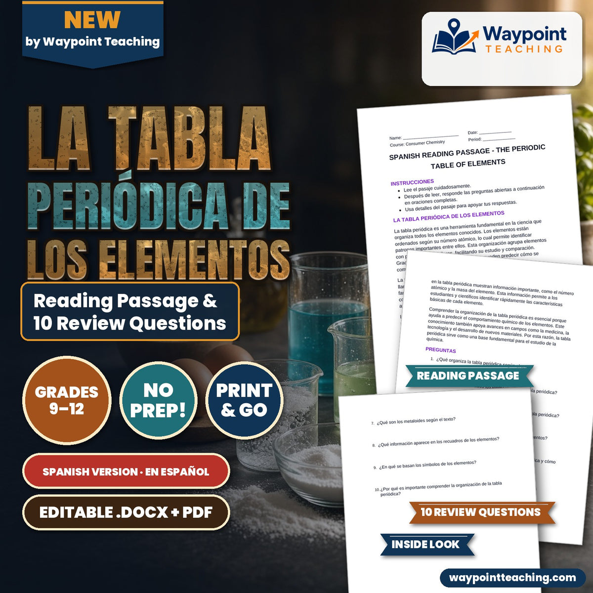 The Periodic Table of Elements Spanish Reading Passage & Comprehension Questions cover