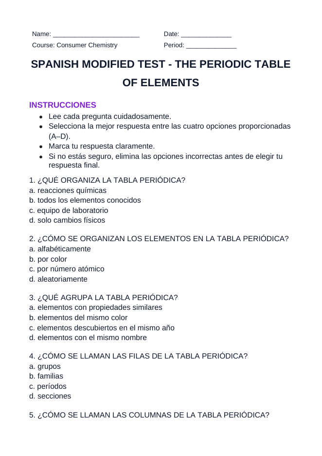 The Periodic Table of Elements Spanish Unit Test sample page