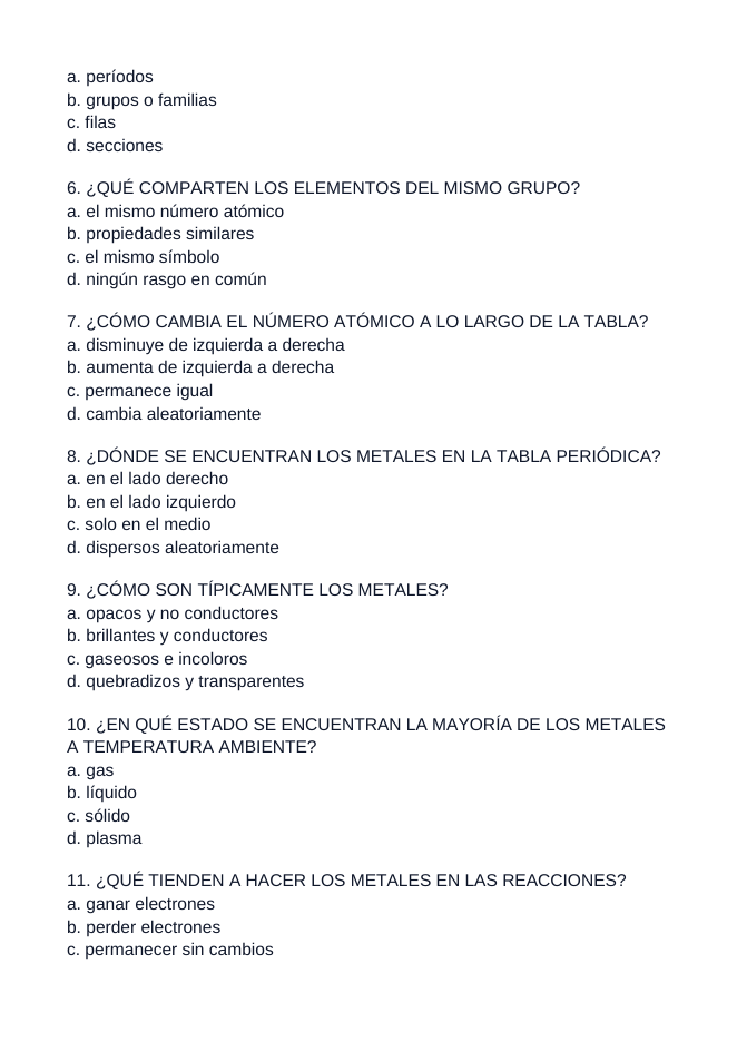 The Periodic Table of Elements Spanish Unit Test sample page