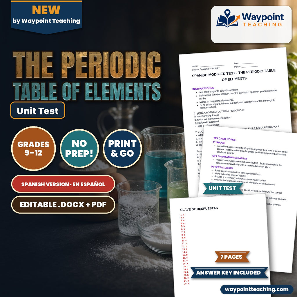 The Periodic Table of Elements Spanish Unit Test cover