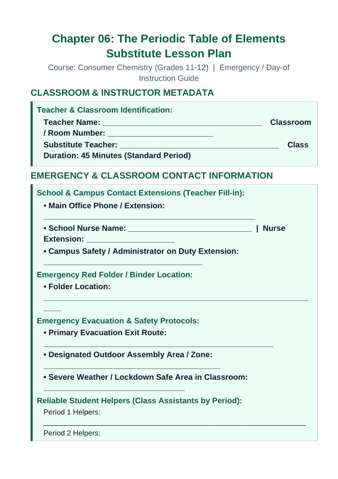The Periodic Table of Elements Substitute Lesson Plan sample page