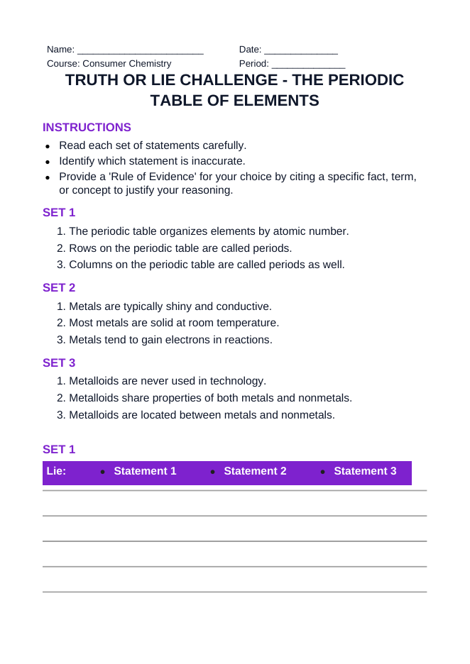 The Periodic Table of Elements Truth or Lie Challenge sample page