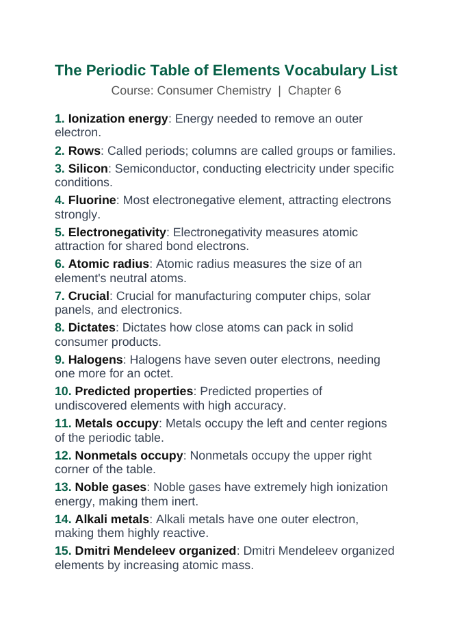 The Periodic Table of Elements Vocabulary Words & Definitions sample page