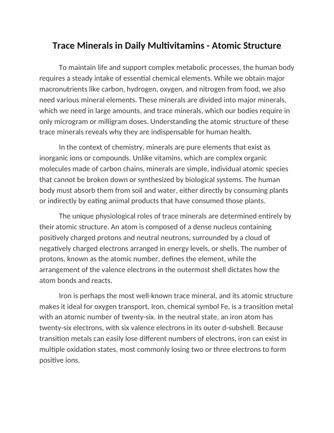 Trace Minerals in Daily Multivitamins Reading Worksheet sample page