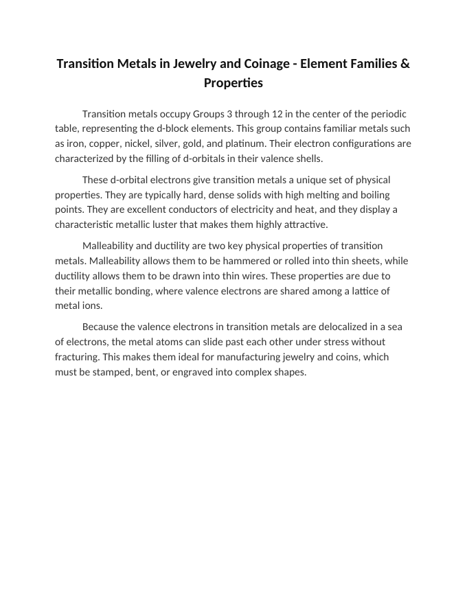 Transition Metals in Jewelry and Coinage Reading Worksheet sample page