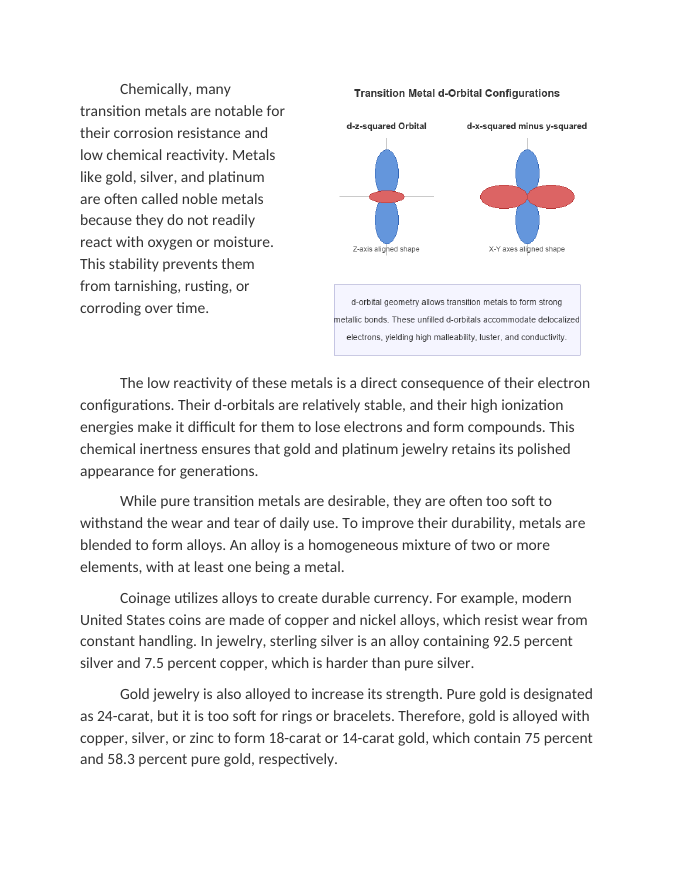 Transition Metals in Jewelry and Coinage Reading Worksheet sample page