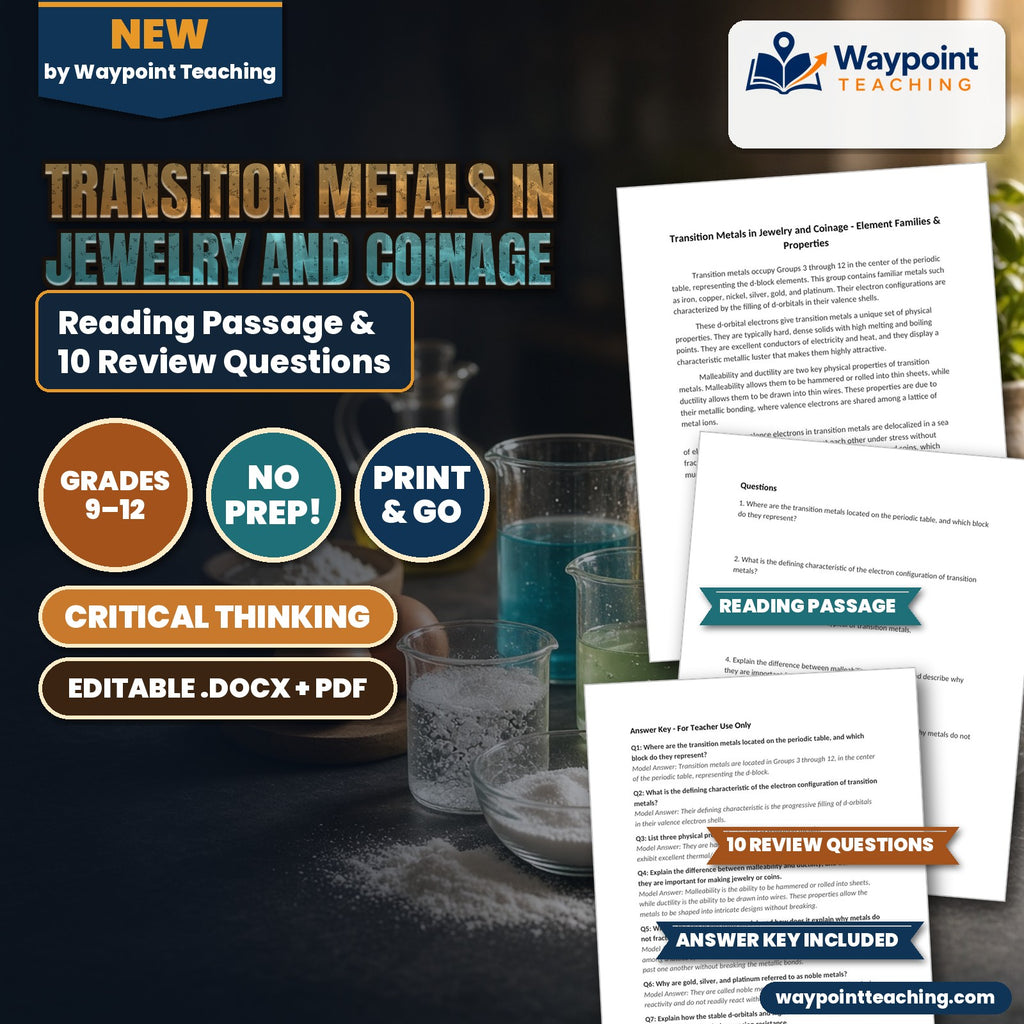 Transition Metals in Jewelry and Coinage Reading Worksheet cover