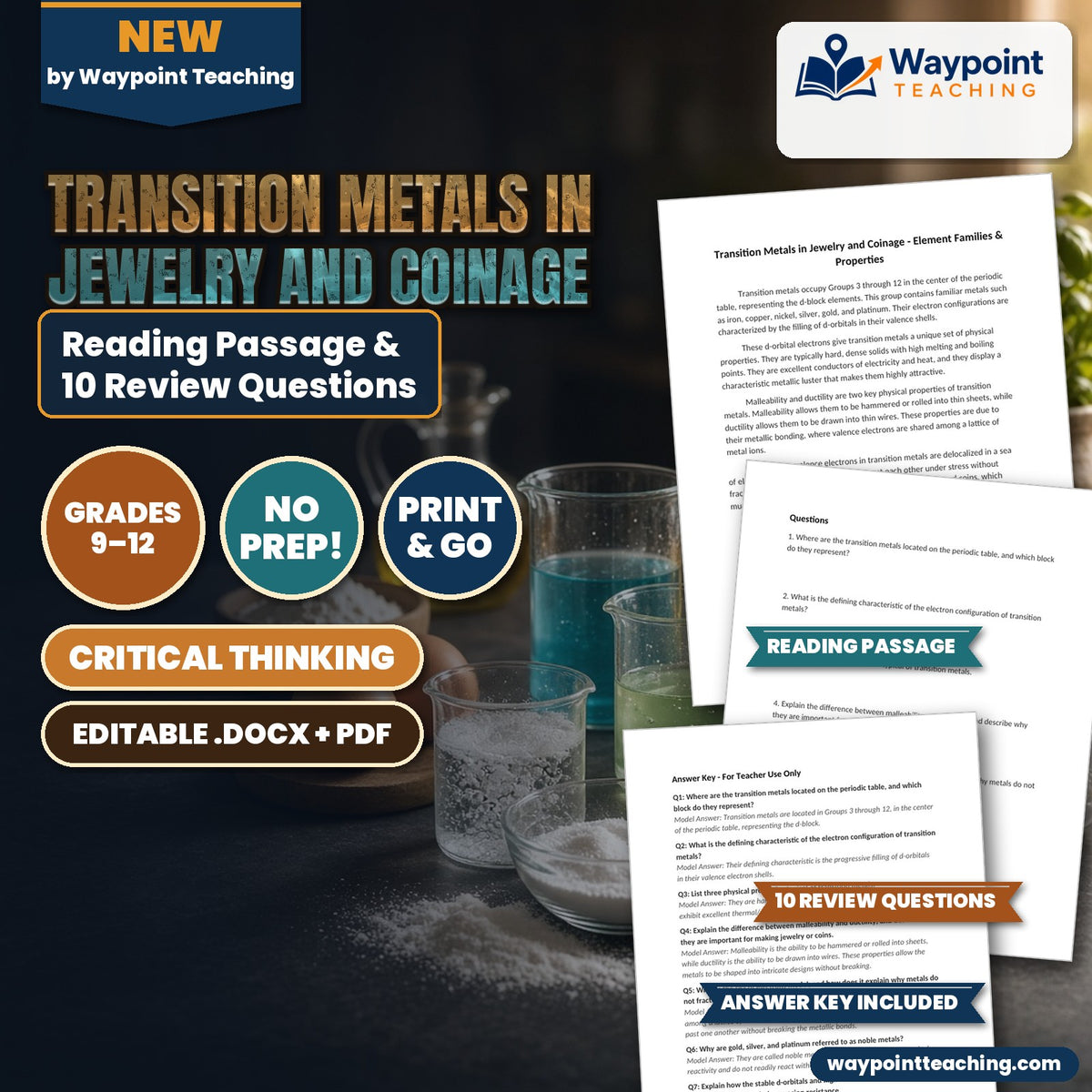 Transition Metals in Jewelry and Coinage Reading Worksheet cover