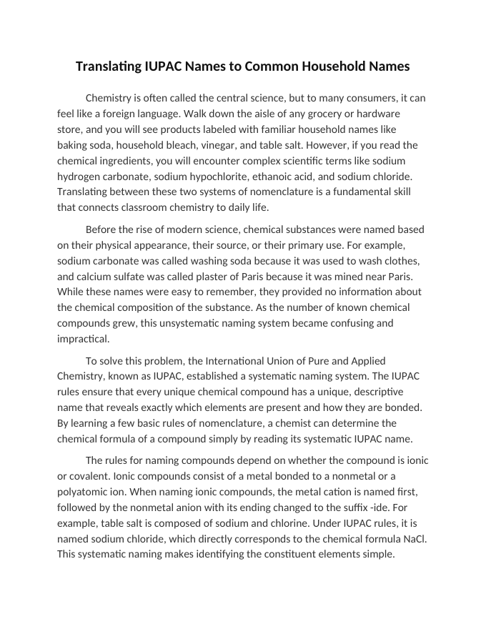 Translating IUPAC Names to Common Household Names Reading Worksheet sample page