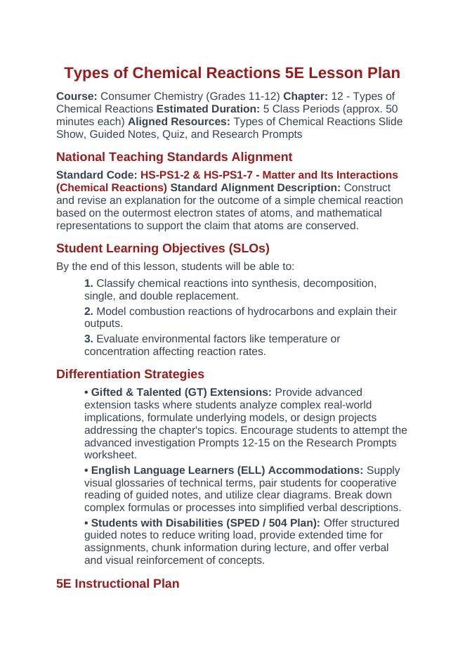 Types of Chemical Reactions 5E Lesson Plan sample page
