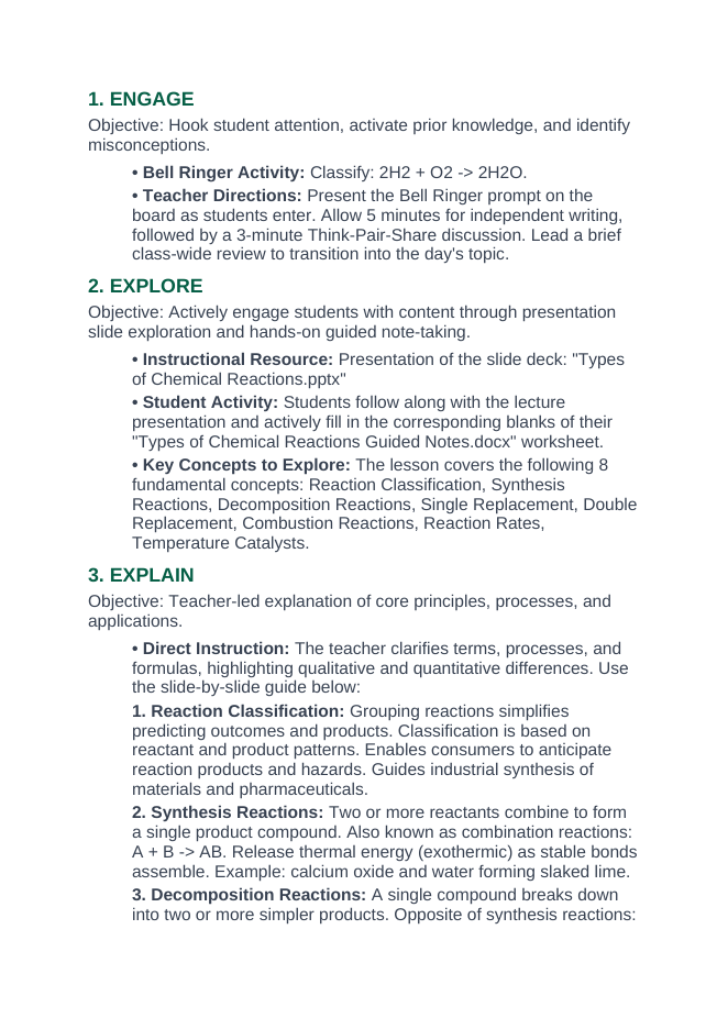 Types of Chemical Reactions 5E Lesson Plan sample page