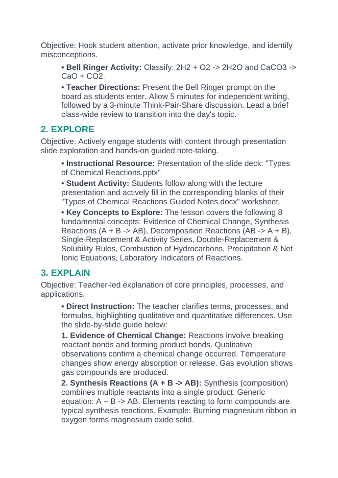 Types of Chemical Reactions 5E Lesson Plan sample page