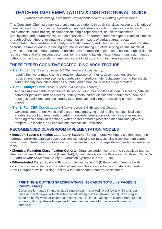 Types of Chemical Reactions CER Task Cards sample page