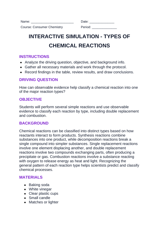 Types of Chemical Reactions Interactive Simulation sample page