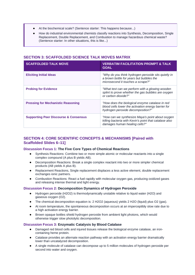 Types of Chemical Reactions Scaffolded Phenomena-Based Lesson: Instant White Frothing and Bubbling When Clear Hydrogen Peroxide Touches a Fresh Skin Wound Teacher Discussion Guide sample page