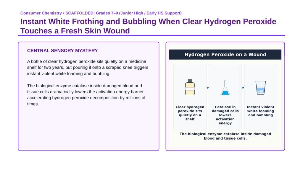 Types of Chemical Reactions Scaffolded Phenomena-Based Lesson: Instant White Frothing and Bubbling When Clear Hydrogen Peroxide Touches a Fresh Skin Wound Presentation sample page