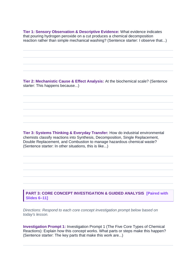 Types of Chemical Reactions Scaffolded Phenomena-Based Lesson: Instant White Frothing and Bubbling When Clear Hydrogen Peroxide Touches a Fresh Skin Wound Student Response Sheet sample page