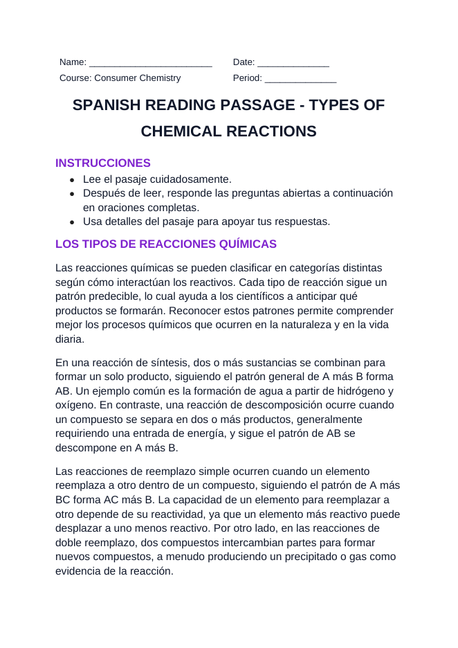 Types of Chemical Reactions Spanish Reading Passage & Comprehension Questions sample page