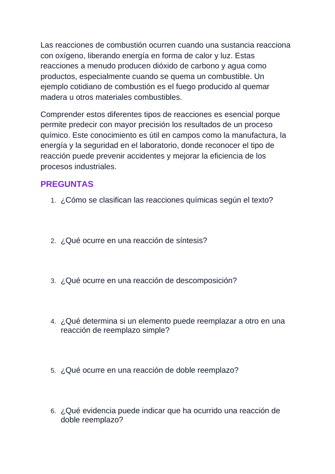 Types of Chemical Reactions Spanish Reading Passage & Comprehension Questions sample page