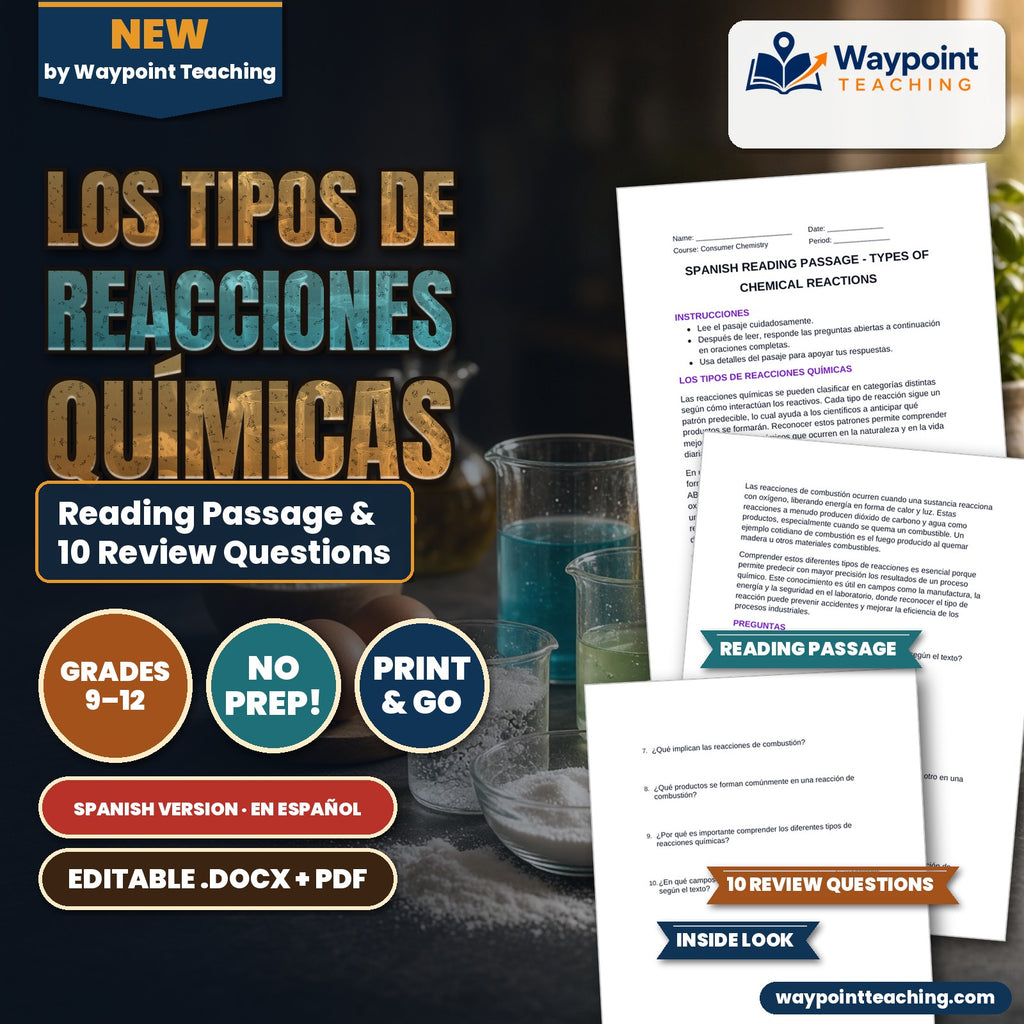 Types of Chemical Reactions Spanish Reading Passage & Comprehension Questions cover