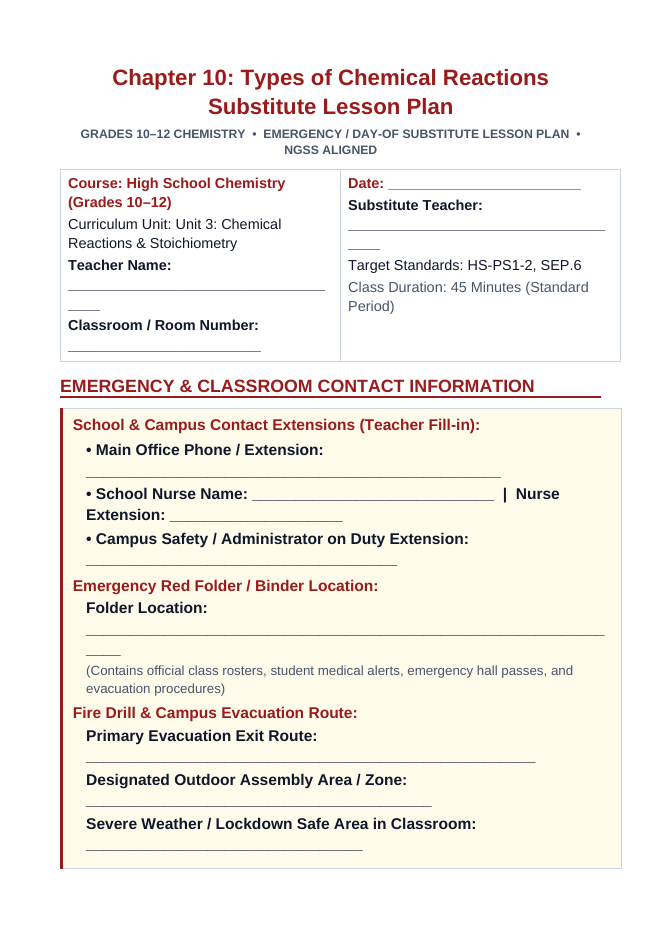 Types of Chemical Reactions Substitute Lesson Plan sample page