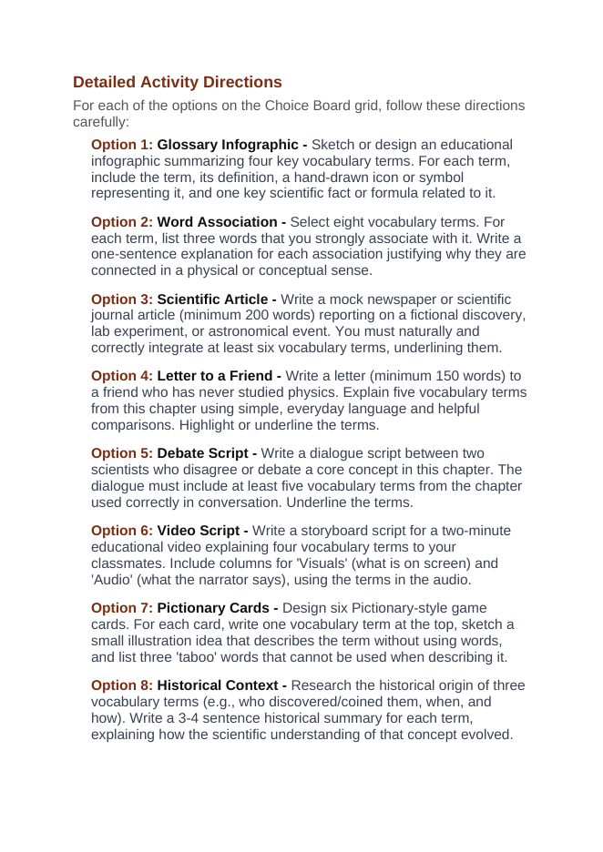 Types of Chemical Reactions Vocabulary Choice Board sample page