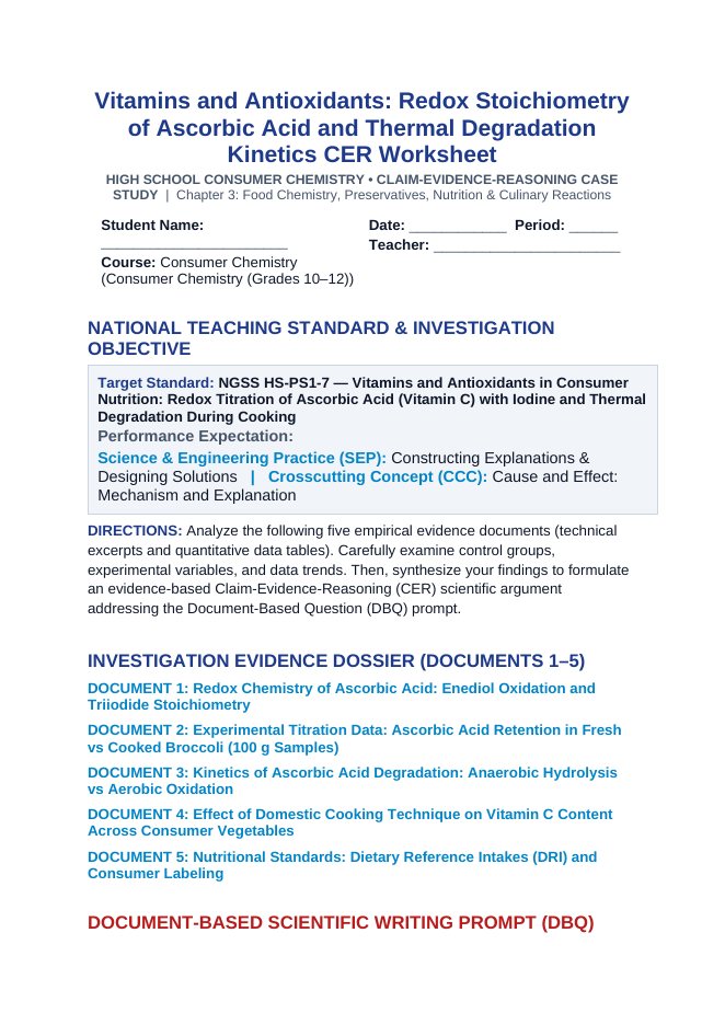 Vitamins and Antioxidants: Redox Stoichiometry of Ascorbic Acid and Thermal Degradation Kinetics CER Phenomena Worksheet sample page