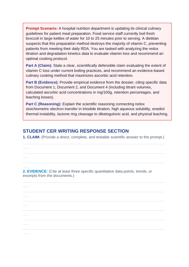 Vitamins and Antioxidants: Redox Stoichiometry of Ascorbic Acid and Thermal Degradation Kinetics CER Phenomena Worksheet sample page