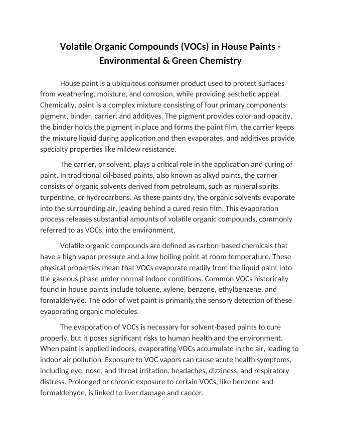 Volatile Organic Compounds (VOCs) in House Paints Reading Worksheet sample page