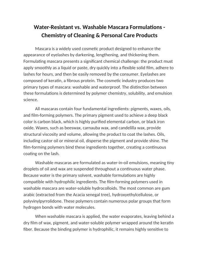 Water-Resistant vs. Washable Mascara Formulations Reading Worksheet sample page