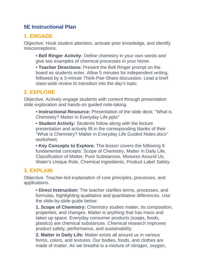 What is Chemistry? Matter in Everyday Life 5E Lesson Plan sample page