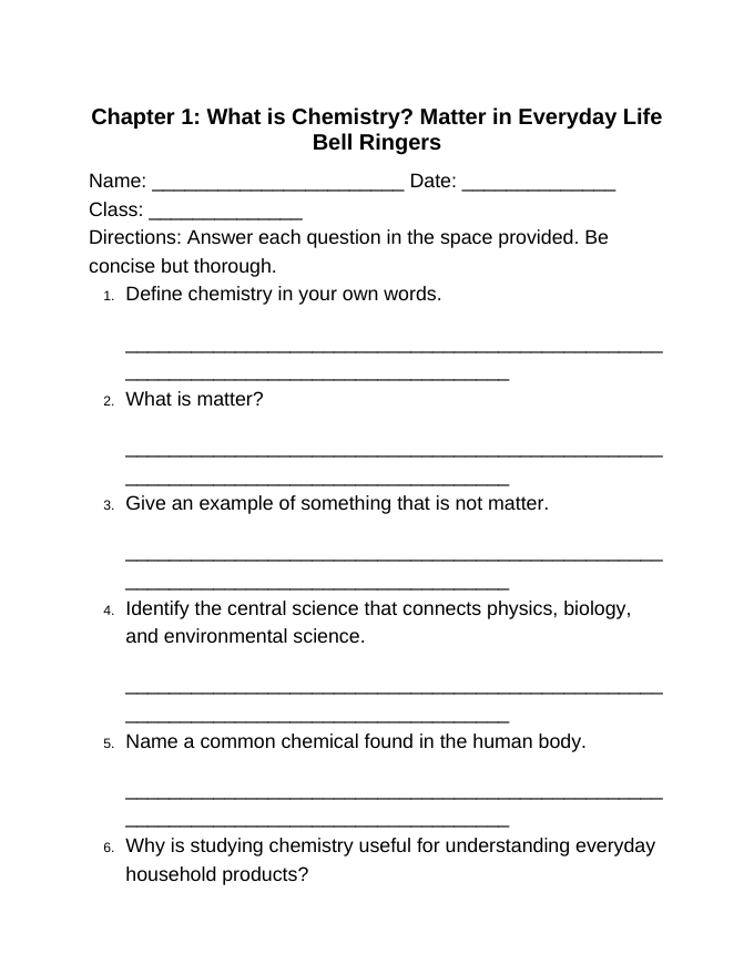 What is Chemistry? Matter in Everyday Life Bell Ringers & Exit Tickets sample page