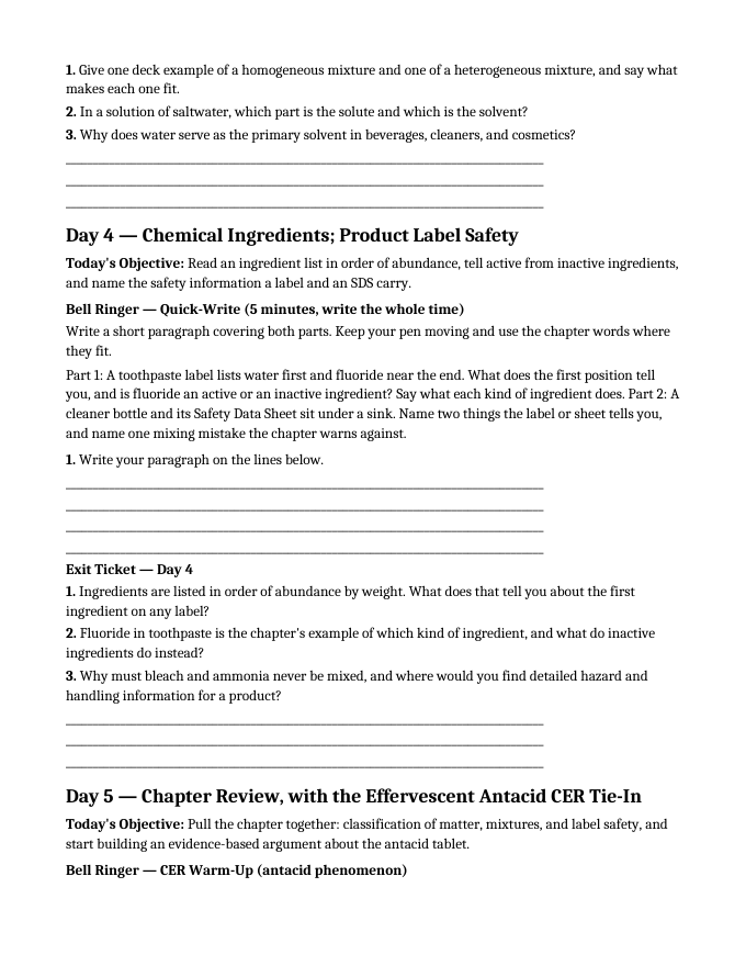 What is Chemistry? Matter in Everyday Life Bell Ringers & Exit Tickets sample page