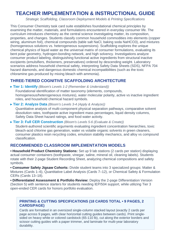 What is Chemistry? Matter in Everyday Life CER Task Cards sample page