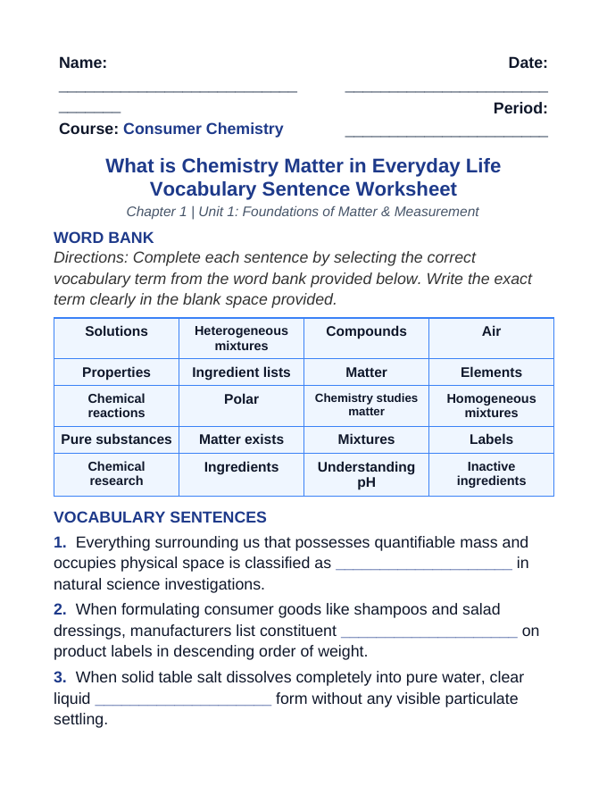 What is Chemistry? Matter in Everyday Life Fill-in-the-Blank Vocabulary Worksheet sample page
