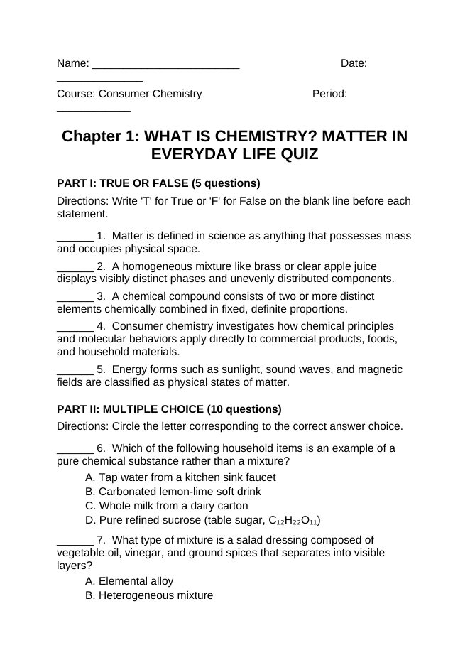 What is Chemistry? Matter in Everyday Life Lesson Quiz sample page