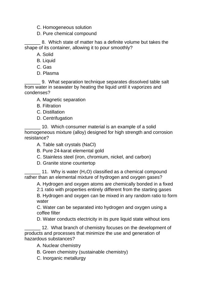 What is Chemistry? Matter in Everyday Life Lesson Quiz sample page